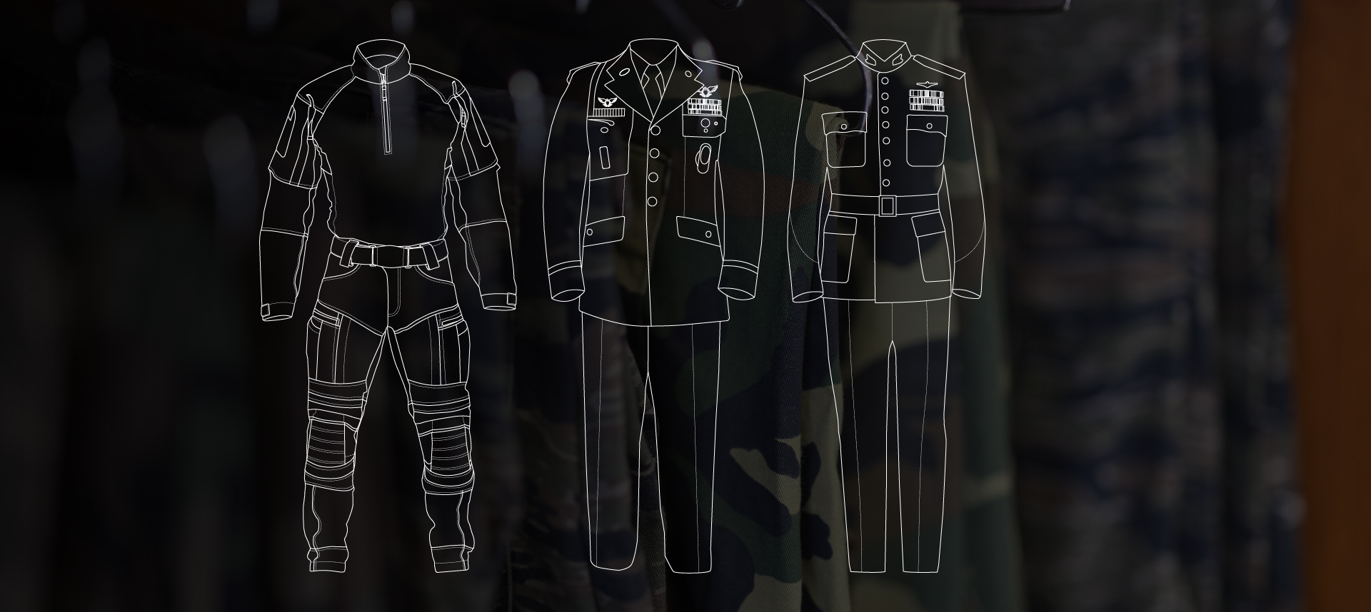 Battle dress uniform (BDU), service dress uniform, and ceremonial uniform outline.